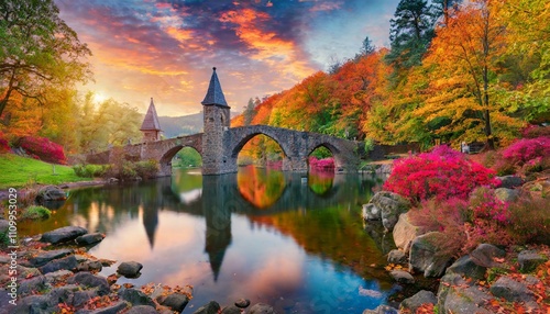 Fantastic Autumn Landscape. Amazing sunset With colorful sky in Azalea and Rhododendron Park Kromlau .Rakotz Bridge, Rakotzbrucke Devil's Bridge in Kromlau, Saxony, Germany photo