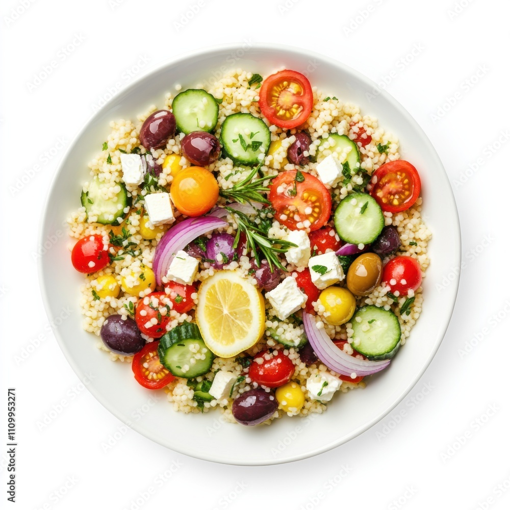 A colorful Mediterranean couscous salad with cherry tomatoes, cucumber, olives A colorful Mediterranean couscous salad with cherry tomatoes, cucumber, olives