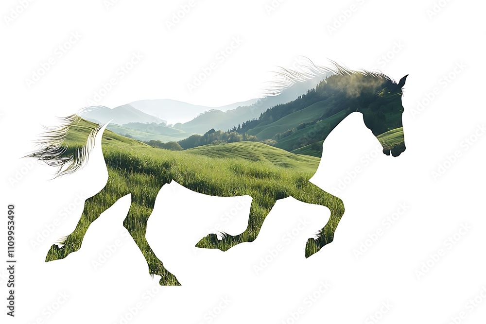 Obraz premium A silhouette of a horse filled with a scenic landscape of rolling hills and greenery.