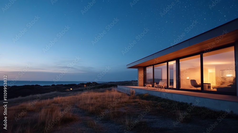 Modern house at dusk overlooking a serene landscape and ocean. Modern house at dusk overlooking a serene landscape and ocean.