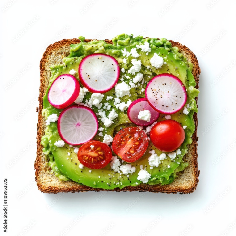 A creamy avocado toast topped with sliced radishes, cherry tomatoes, and a sprinkle of feta cheese A creamy avocado toast topped with sliced radishes, cherry tomatoes, and a sprinkle of feta cheese