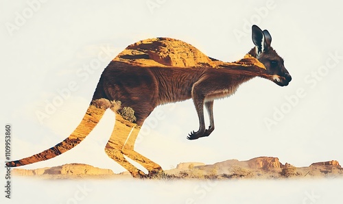 A kangaroo silhouette filled with a desert landscape, blending nature and wildlife. photo