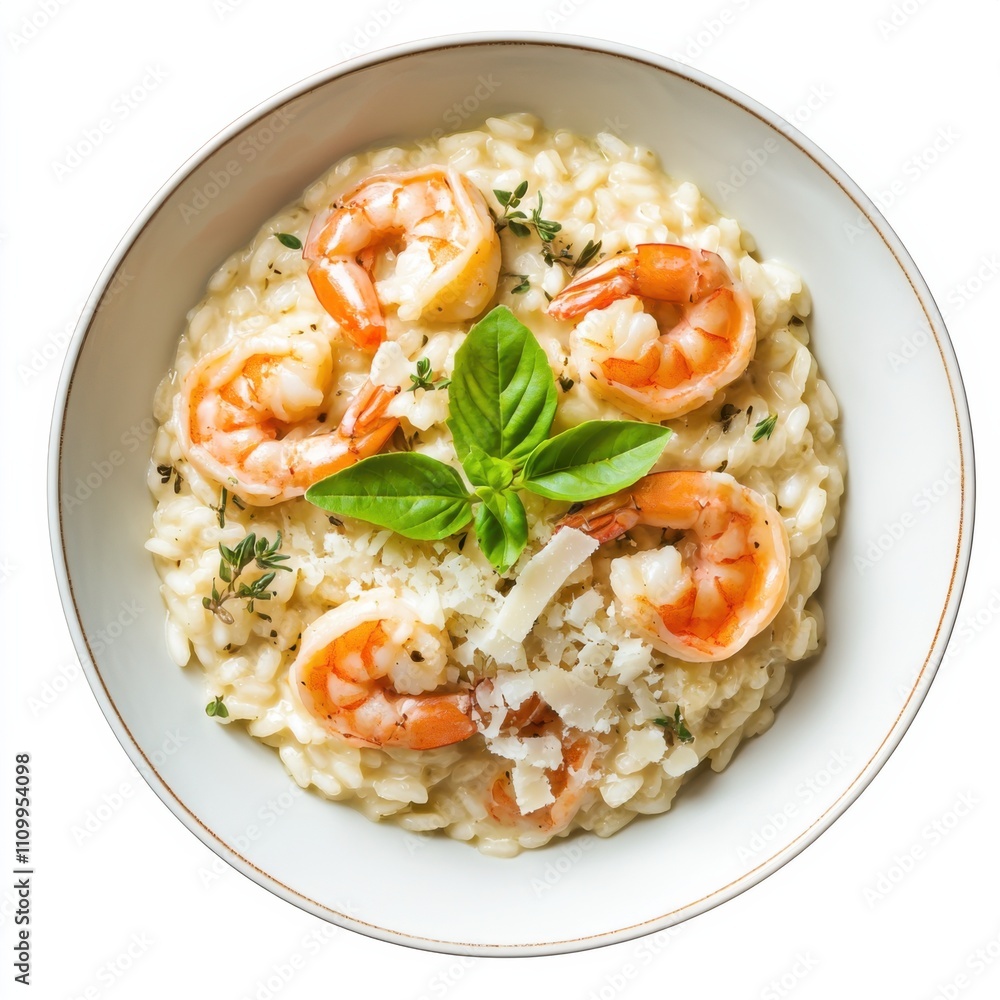 A creamy seafood risotto with plump shrimp and parmesan shavings, isolated white background, impressionism art style A creamy seafood risotto with plump shrimp and parmesan shavings, isolated white background, impressionism art style