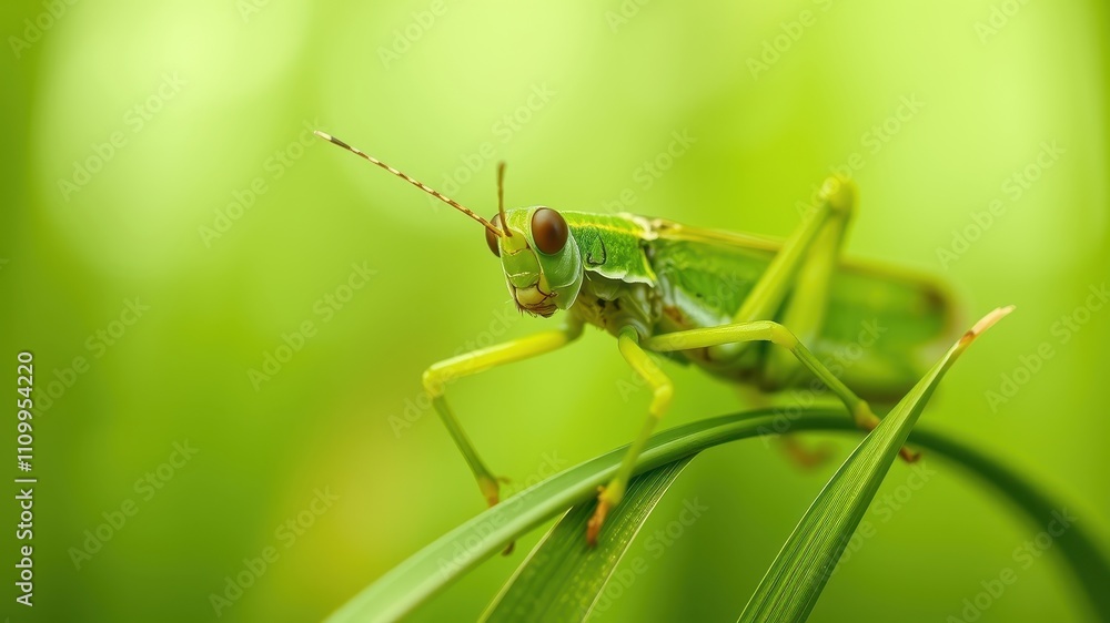 A Vibrant Green Grasshopper Perched on a Blade of Grass, Its Large Eyes Gazing Intently into the Distance A Vibrant Green Grasshopper Perched on a Blade of Grass, Its Large Eyes Gazing Intently into the Distance