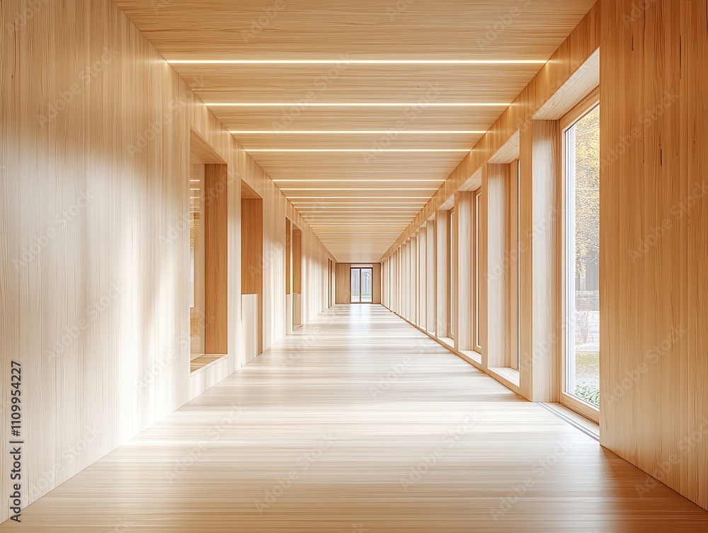 Bright and Modern Hallway with Wooden Walls and Minimalist Design Emphasizing Natural Light and Spaciousness in a Contemporary Architectural Setting Bright and Modern Hallway with Wooden Walls and Minimalist Design Emphasizing Natural Light and Spaciousness in a Contemporary Architectural Setting