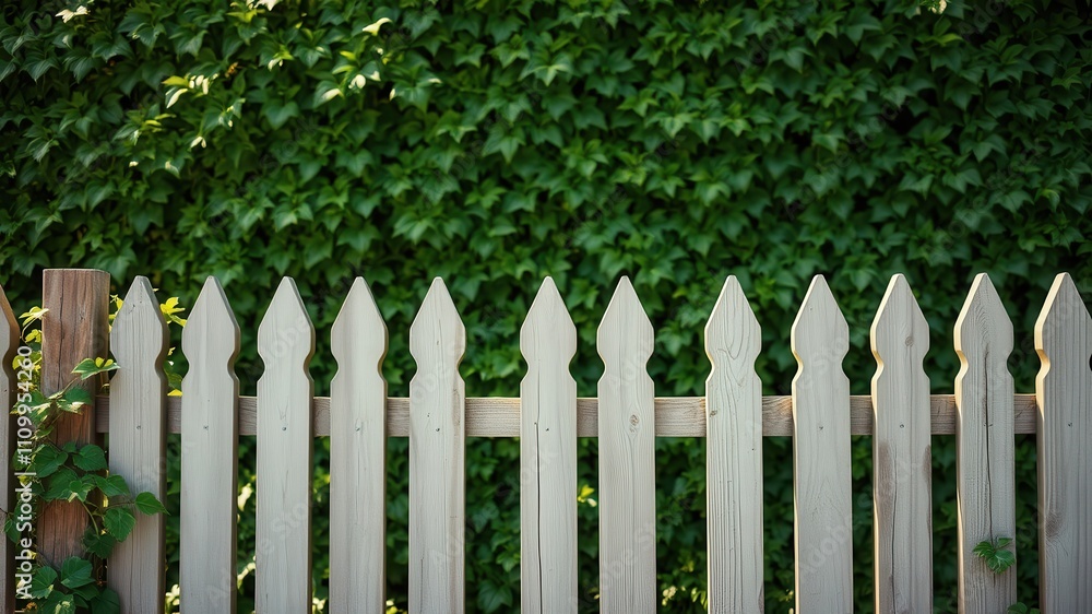 A weathered white picket fence stands tall against a lush backdrop of vibrant green foliage. A weathered white picket fence stands tall against a lush backdrop of vibrant green foliage.