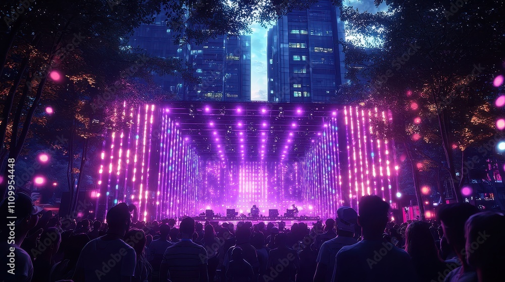 Fototapeta premium A summer music festival with a vibrant crowd dancing in front of a neon-lit stage. Laser lights cut through the night sky as DJs perform high-energy sets. The electric atmosphere highlights 