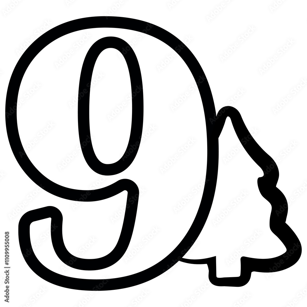 simple number nine design with Christmas design, namely Christmas tree drawn in black outline, for Christmas designs, patterns or posters simple number nine design with Christmas design, namely Christmas tree drawn in black outline, for Christmas designs, patterns or posters