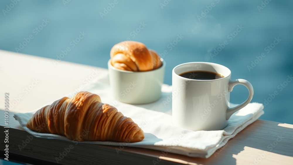 A steaming cup of coffee and a freshly baked croissant on a white napkin, set against a backdrop of shimmering water, inviting a moment of tranquil enjoyment. A steaming cup of coffee and a freshly baked croissant on a white napkin, set against a backdrop of shimmering water, inviting a moment of tranquil enjoyment.