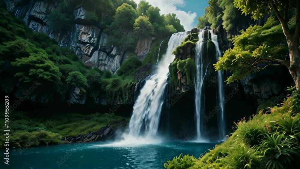 A waterfall cascades into a teal pool, surrounded by lush green trees and rocky cliffs A waterfall cascades into a teal pool, surrounded by lush green trees and rocky cliffs