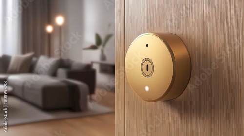 Gold smart door lock on wooden door, modern living room background.