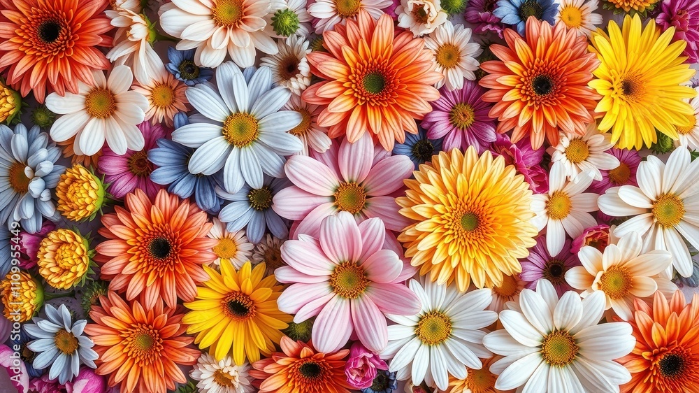 A vibrant floral arrangement showcasing the beauty of nature's diverse palette, with delicate petals in shades of white, yellow, pink, orange, and blue creating a captivating tapestry of colors. A vibrant floral arrangement showcasing the beauty of nature's diverse palette, with delicate petals in shades of white, yellow, pink, orange, and blue creating a captivating tapestry of colors.