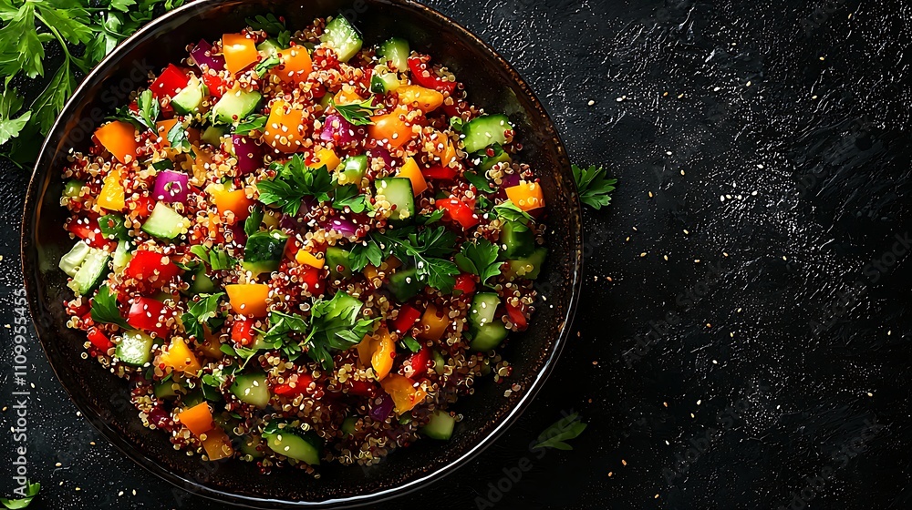 A vibrant quinoa salad filled with colorful vegetables, garnished with fresh herbs, presented in a dark bowl against a textured background. A vibrant quinoa salad filled with colorful vegetables, garnished with fresh herbs, presented in a dark bowl against a textured background.