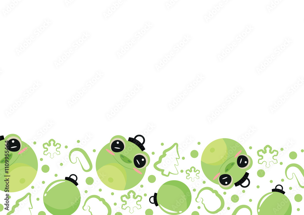 Obraz premium christmas or new year horizontal posters with round balls and different christmas toys with green frog design, for different holiday ads and banners
