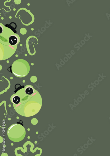 christmas or new year posters with round balls and different christmas toys with green frog design on a green background, for different holiday ads and banners photo