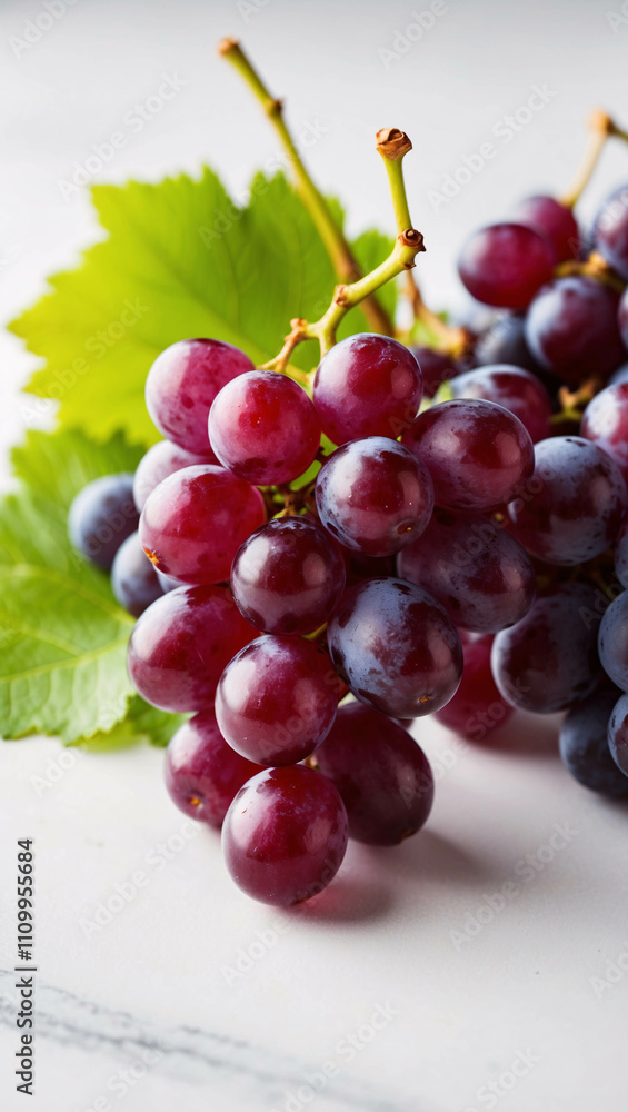 Fresh Red Grapes With Green Leaves With Sleek White Table for Stylish and Elegant Minimalist Fruit Setup Fresh Red Grapes With Green Leaves With Sleek White Table for Stylish and Elegant Minimalist Fruit Setup