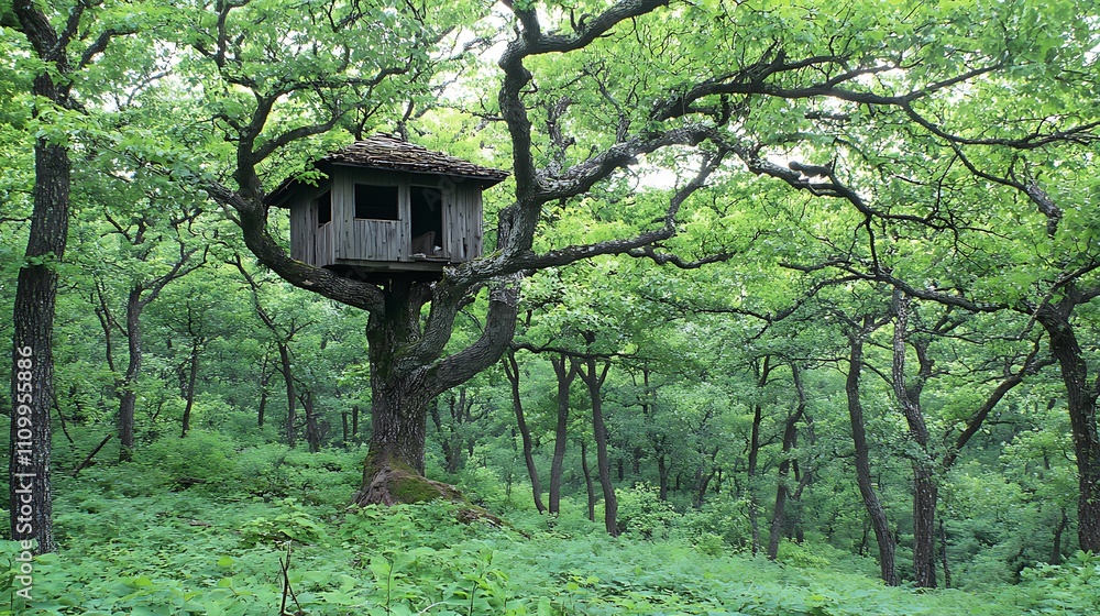 A rustic treehouse nestled among lush green trees in a serene forest setting. A rustic treehouse nestled among lush green trees in a serene forest setting.
