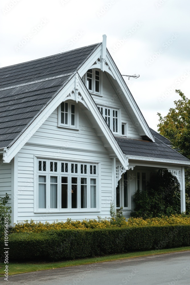 Charming White House with Victorian Architecture Surrounded by Lush Greenery and Colorful Landscaping on a Cloudy Day Charming White House with Victorian Architecture Surrounded by Lush Greenery and Colorful Landscaping on a Cloudy Day