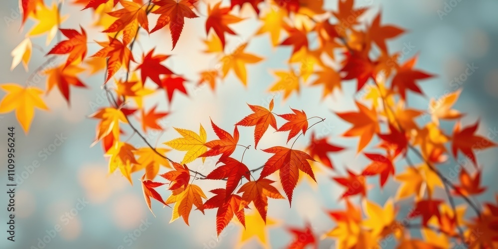 A delicate branch adorned with vibrant autumn leaves, showcasing the intricate details of nature's seasonal transformation. A delicate branch adorned with vibrant autumn leaves, showcasing the intricate details of nature's seasonal transformation.