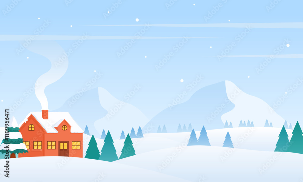 Naklejka premium Winter cozy red house with a snowy roof, nestled in a flat illustration winter landscape. Pine trees and distant mountains complete the scene. Perfect for winter-themed designs
