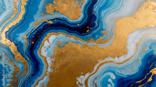 Marble abstract acrylic background. Blue marbling artwork texture. Agate ripple pattern. Gold powder.