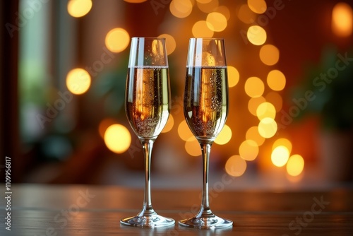 Two champagne glasses on table with blurred lights in background