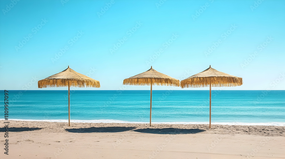 straw umbrellas on the beach with the Mediterranean sea in the back
straw umbrellas on the beach with the Mediterranean sea in the back