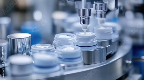 Fototapeta Automated cream filling machine fills jars. Illustrates cosmetic or pharmaceutical production.