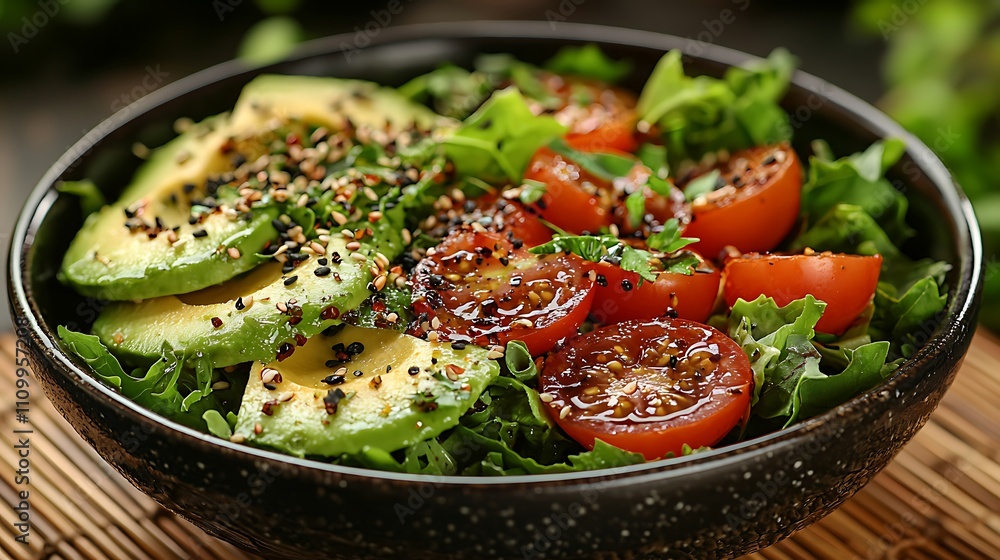 A vibrant salad bowl featuring fresh greens, ripe tomatoes, and creamy avocado, garnished with herbs and seeds for a healthy meal.
