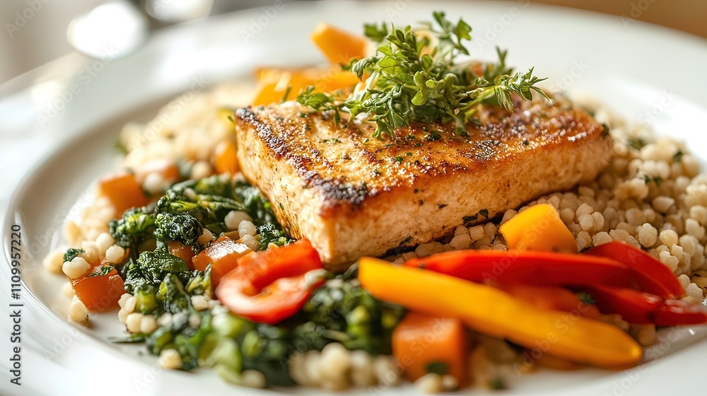 Grilled salmon fillet served with pearl barley, sauteed vegetables, and fresh herbs on a white plate. Grilled salmon fillet served with pearl barley, sauteed vegetables, and fresh herbs on a white plate.