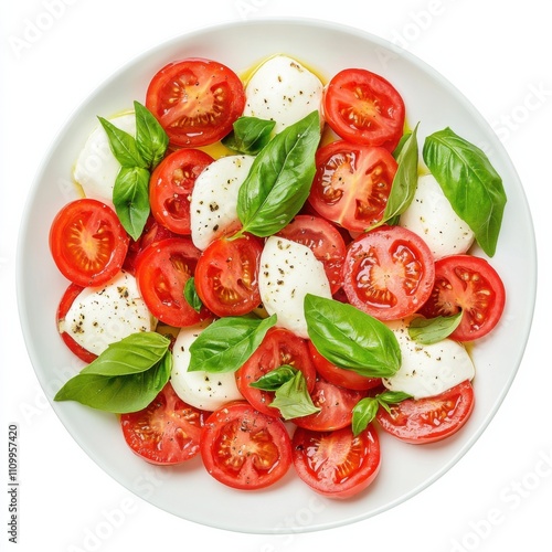 A fresh Caprese salad with ripe tomatoes, mozzarella cheese, and basil leaves photo