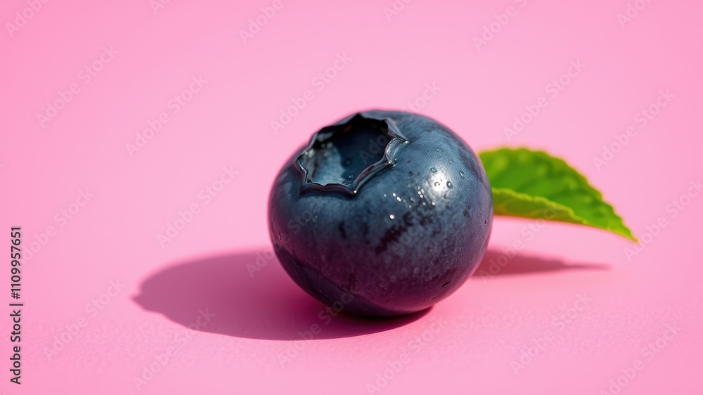 A single blueberry with a green leaf, resting on a pink surface, bathed in soft light, creating a captivating contrast of colors and textures. A single blueberry with a green leaf, resting on a pink surface, bathed in soft light, creating a captivating contrast of colors and textures.