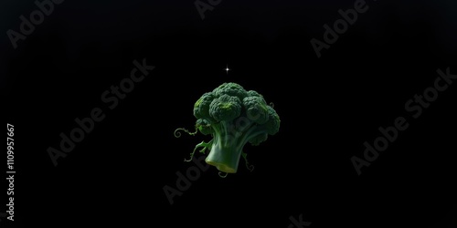 Wallpaper Mural A single broccoli floret, bathed in soft light, floats against a dark background, its delicate tendrils reaching out like graceful fingers. Torontodigital.ca