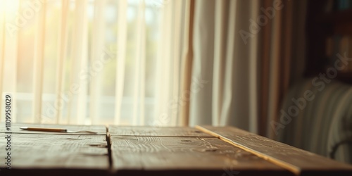 A wooden table with a blurred background of a window with curtains, perfect for displaying products or showcasing your brand