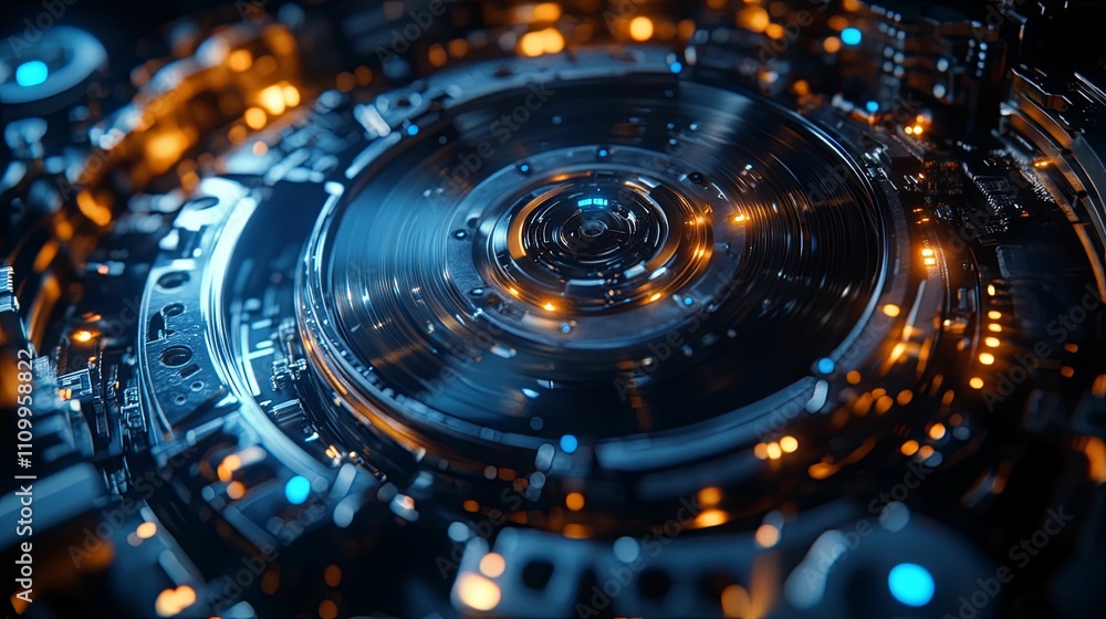 Futuristic Rotating Mechanical Device With Glowing Lights