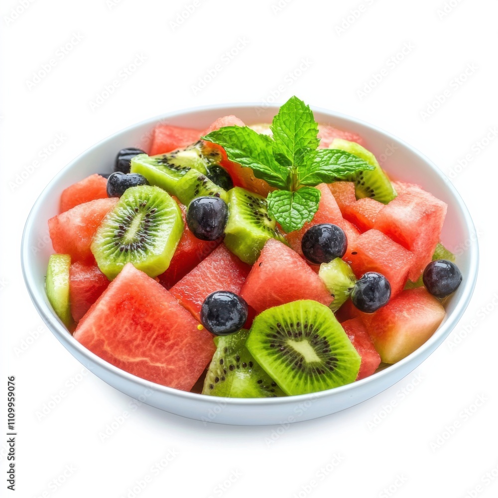 A fruit salad with watermelon, kiwi, and mint leaves A fruit salad with watermelon, kiwi, and mint leaves