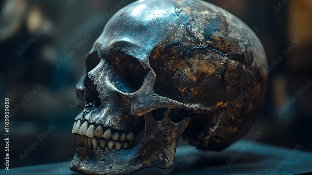 Exploration of ancient history skull display museum exhibit educational content indoor setting close-up view cultural significance Exploration of ancient history skull display museum exhibit educational content indoor setting close-up view cultural significance