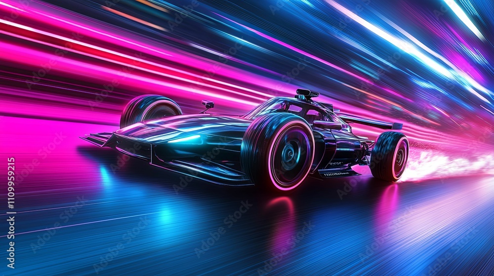 Fast Race Car Speeding Through Neon Lights Fast Race Car Speeding Through Neon Lights