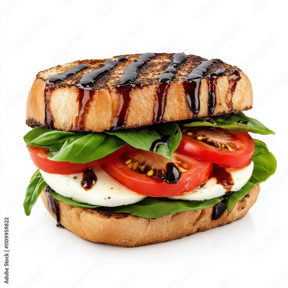 A gourmet caprese sandwich with mozzarella cheese, sliced tomatoes, basil leaves A gourmet caprese sandwich with mozzarella cheese, sliced tomatoes, basil leaves
