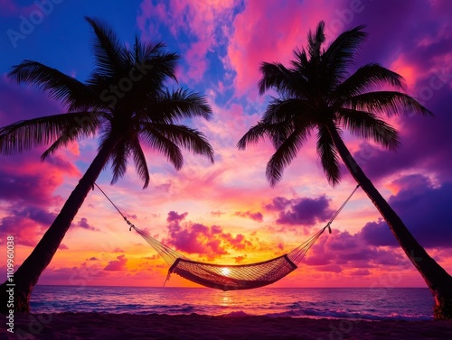 A serene sunset view featuring a hammock between palm trees, perfect for relaxation and leisure by the beach. photo