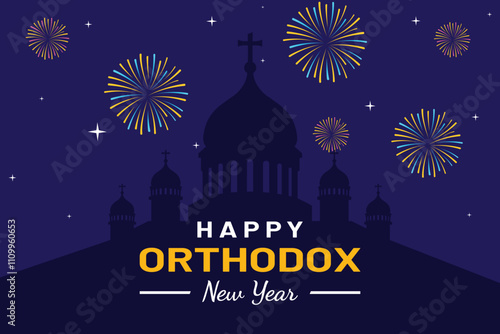 Happy Orthodox New Year Vector Illustration on Church and Fireworks for Poster or Banner in Flat Background Design