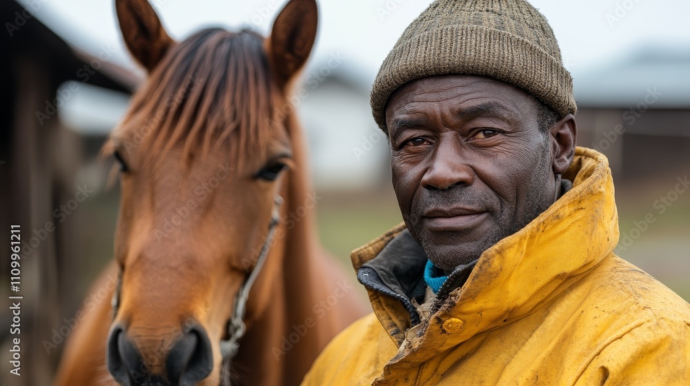 Naklejka premium In a small town, a farmer proudly stands next to his horse, showcasing the hardworking and simple rural life, reflecting the bond between humans and animals in a peaceful rural environment.