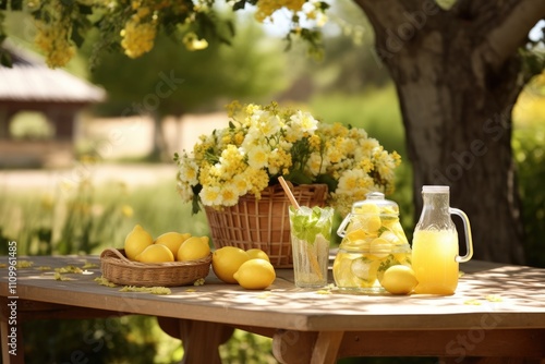 Countryside Picnic: Highlight a classic lemonade or iced tea with a rustic countryside village picnic setting.