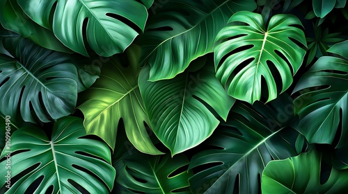 A lush arrangement of green tropical leaves creating a vibrant, natural background.