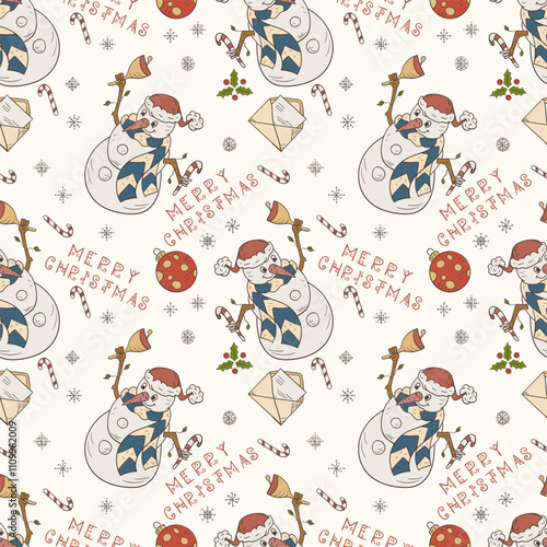 Christmas color seamless contour illustration in the style of childrens doodle A snowman with a bell ringing