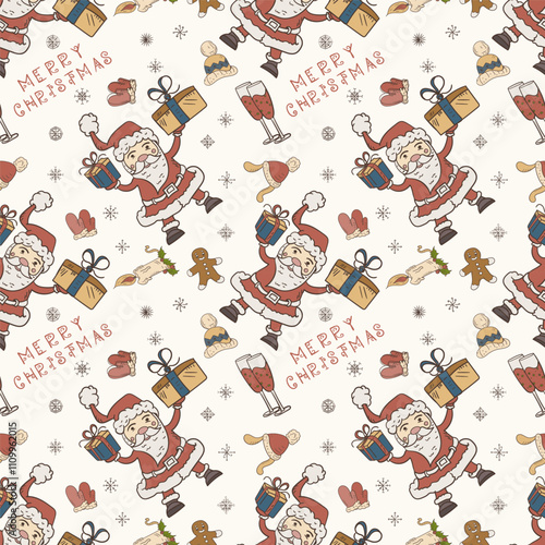 Christmas color seamless contour illustration in the style of childrens doodle Santa Claus holds gifts
