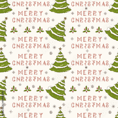 Christmas color seamless contour illustration in the style of childrens doodles Festive fir tree and greeting inscription