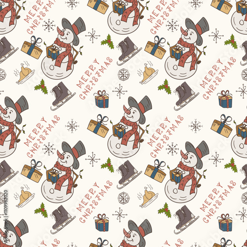 Christmas color seamless contour illustration in the style of childrens doodles a Snowman in a top hat