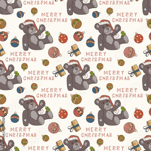 Christmas seamless color contour illustration in the style of childrens doodle a bear toy in a Santa hat