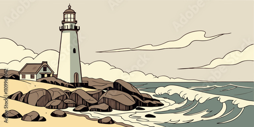 Lighthouse nautical tower on seashore. Sea coast or ocean beach rocks and lighthouse building. Coastline landscape with beacon. Hope symbol, expectation, solitude concept. Vector illustration
